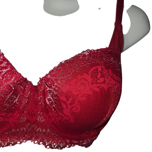 DKNY Red Lace Underwire Push-Up Bra 32D Floral Lightly Padded Feminine Sexy - Picture 3 of 7